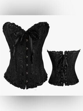 Women's Black Floral Jacquard Overbust Corset Gothic Lingerie Bustier Goddess XL